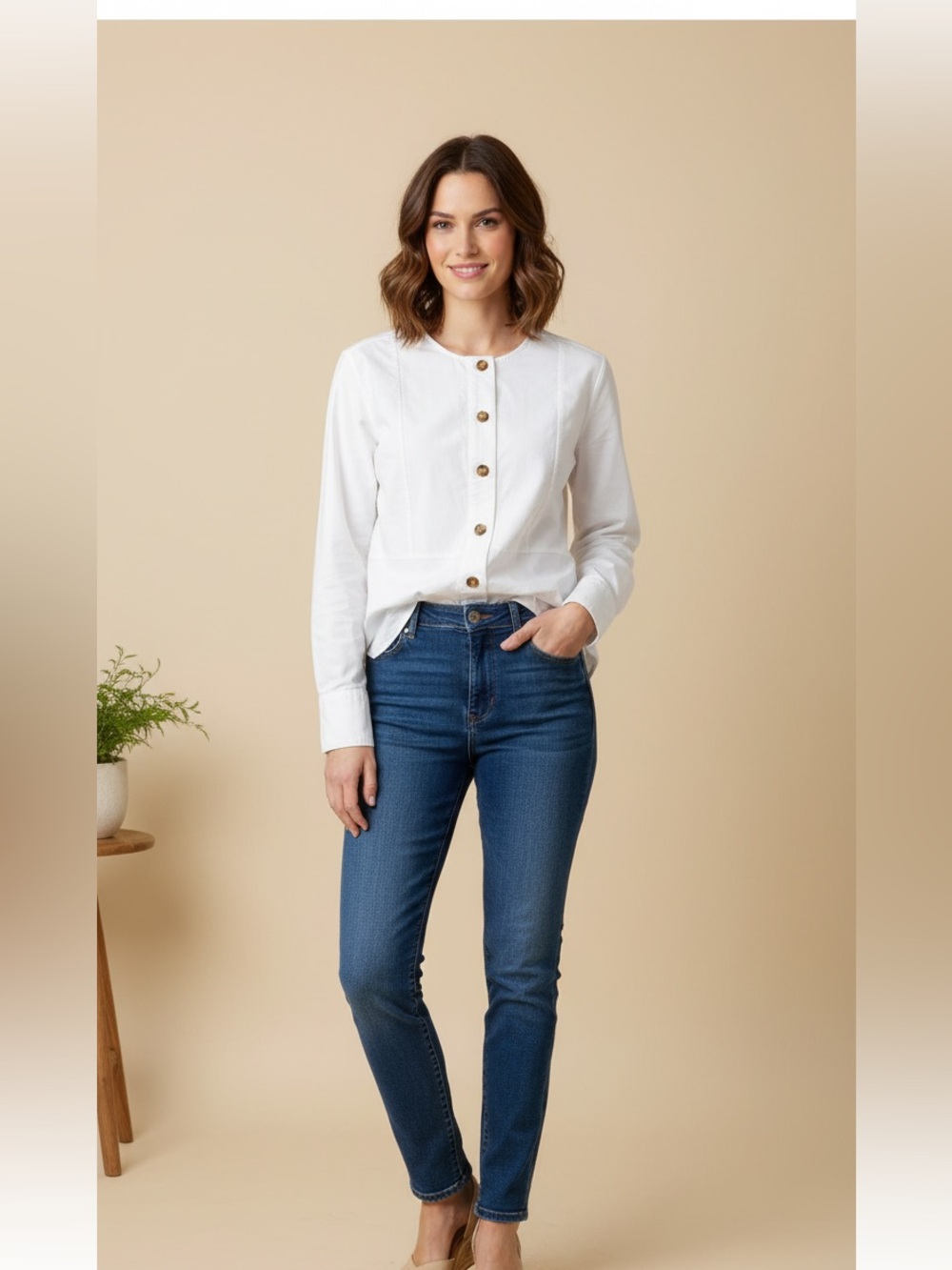 Sezane White Round-Neck Button-Front Shirt with Tortoiseshell Buttons